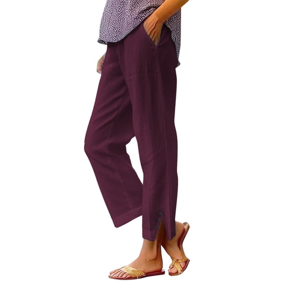 Chroia Women 2026 Summer Linen Pants, High Waisted Straight Leg Solid Color Elastic Drawstring Button Slit Cropped Trousers
