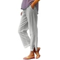 thumbnail image 1 of Chroia Women High Waisted Button Slit Linen Pants, 2026 Straight Leg Solid Elastic Drawstring Cropped Casual Trousers, 1 of 9