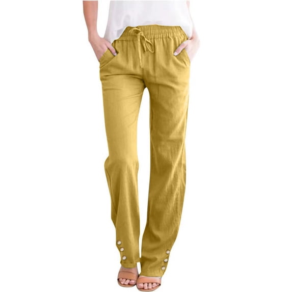 Chroia Women High Waisted Linen Pants, Drawstring Elastic Waist Loose Fit Straight Leg Summer Casual Pants with Pockets