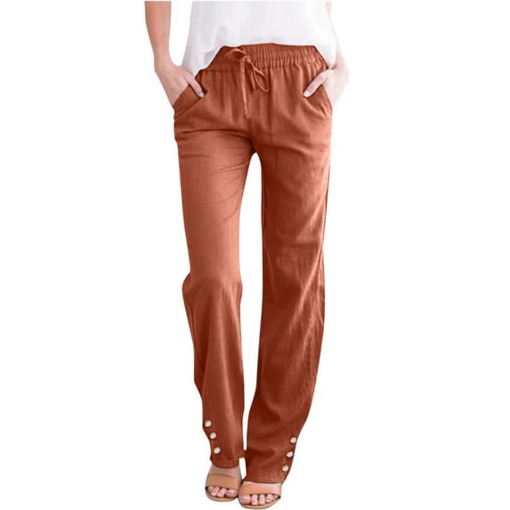 Chroia Women Lightweight Cotton Linen Trousers, Solid Straight Leg Drawstring Casual Summer Pants with Pockets