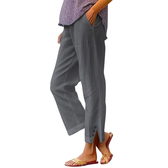 Chroia Women Plus Size Beach Linen Pants, Elastic Waist Solid Straight Leg Button Slit Cropped Casual Trousers with Pockets