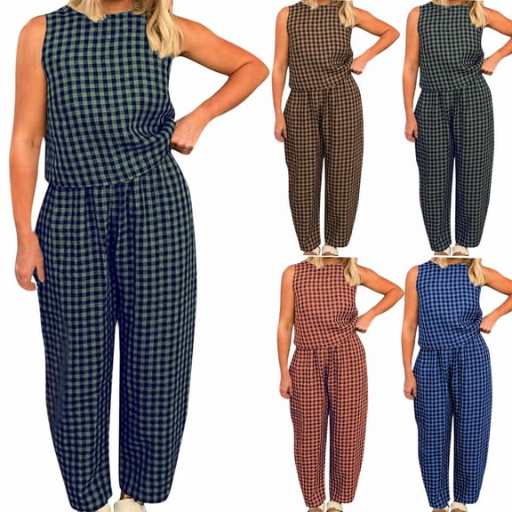 Chroia Women Summer 2 Piece Set Y2K Gingham Sleeveless Tank Top Wide Leg Barrel Pants Casual Lounge Wear