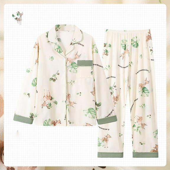 Chroia Women's 2 Piece Cute Patterned Pajama Set - Fall Winter Flannel Long Sleeve Button Down Soft Lounge Wear with Pockets