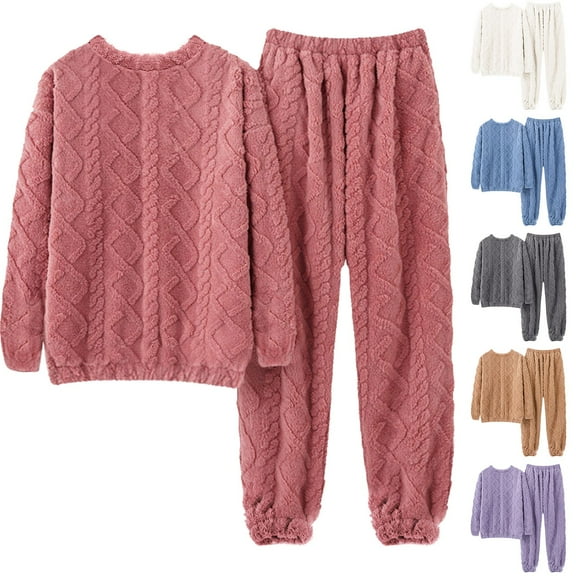 Chroia Women's 2 Piece Fuzzy Pajama Set - Warm Flannel Sherpa Fall Winter Plus Size Long Sleeve Loungewear