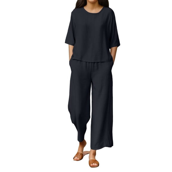 Chroia Women's 2PC Matching Set - 2 Cotton-Linen Tops & Loose Wide Leg Pants Summer Travel Outfits