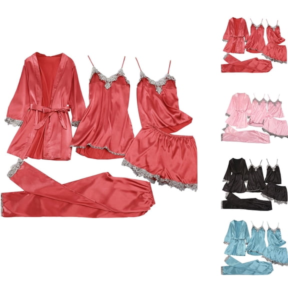 Chroia Women's 5-Piece Satin Pajama Set - Lace Camisole, Nightgown, Shorts, Pants & Robe Sleepwear