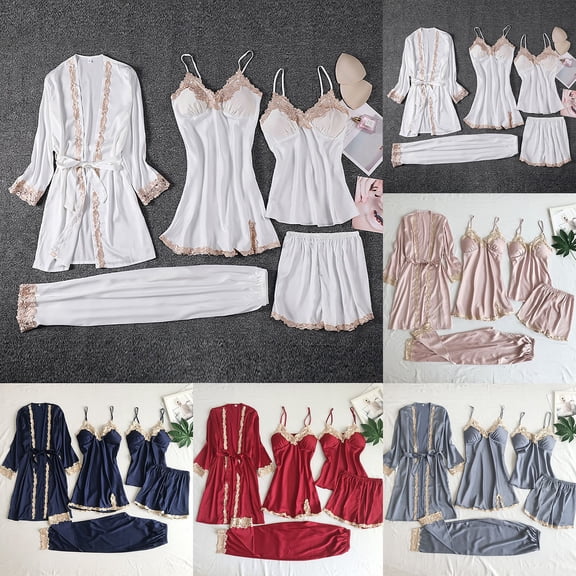 Chroia Women's 5PCS Silk Satin Pajama Set - Soft Cute Sleepwear Loungewear for Women