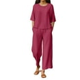 thumbnail image 1 of Chroia Women's Airport Outfits Set -2PC Breathable Cotton-Linen Tops & Loose Wide Leg Pants Summer, 1 of 6