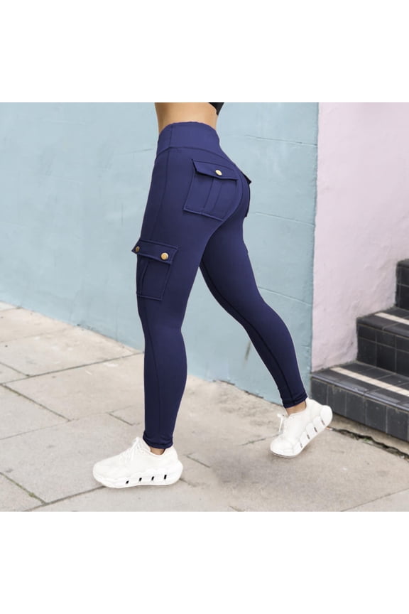 Women's Black High Waist Butt Lifting Tummy Control Cargo Yoga Leggings - Flap Pockets, Gym Tights