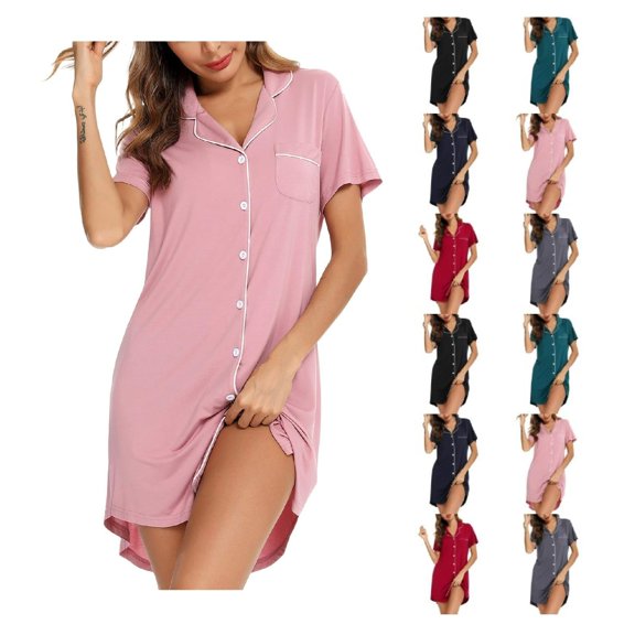 Chroia Women's Boyfriend Sleep Shirt - Short/Long Sleeve Button Down Nightgown M-XXL