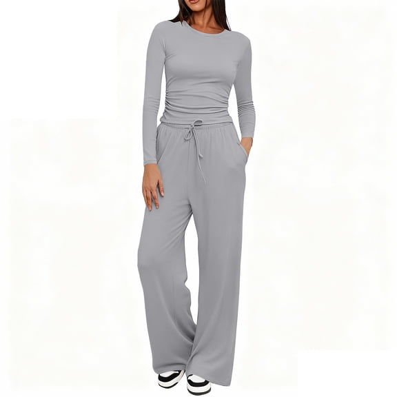 Chroia Women's Casual Set - Long Sleeve Wide Leg Pants 2 Piece Travel Lounge Outfit