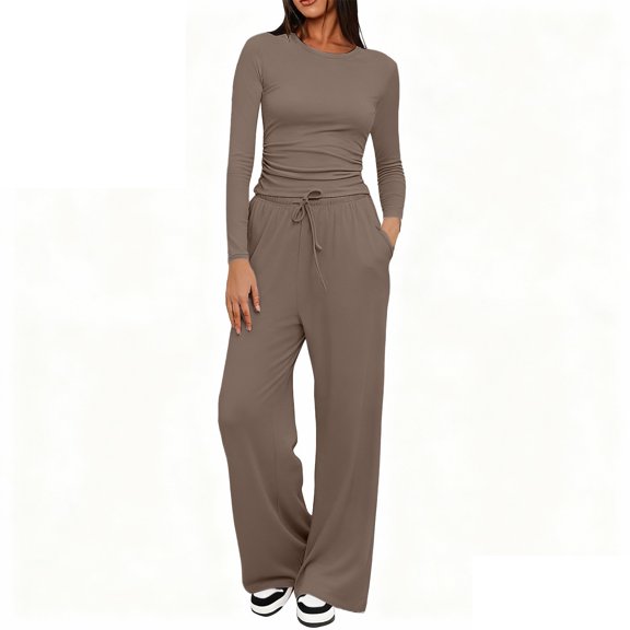 Chroia Women's Crop Top 2 Piece Matching Set -Long Sleeve Wide Leg Pants Outfit