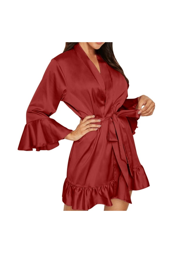 Women's Lightweight Satin Brides Robe Short Ruffle Hem Silky Sleepwear