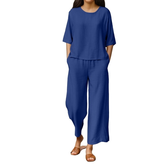 Chroia Women's Loose Wide Leg Pants Set - 2 Breathable Cotton-Linen Tops Summer Lounge Travel Outfits
