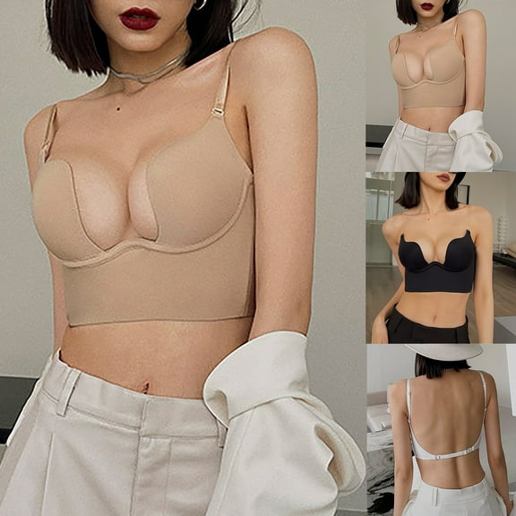 Chroia Women's Low Plunge Push Up Bra - Clear Straps Convertible Underwire Padded