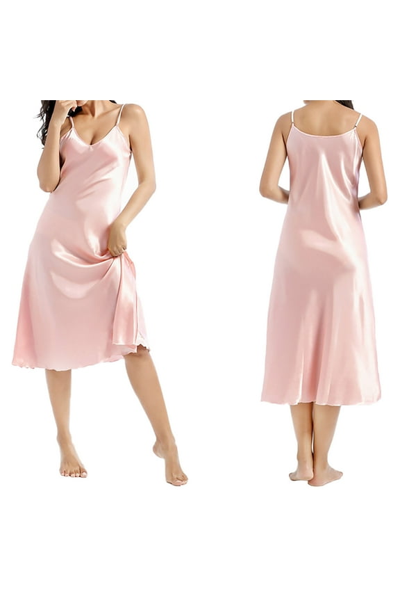 Women's Midi Satin Under Dress - V Neck Adjustable Strap Silky Nightgown Lingerie Sleepwear