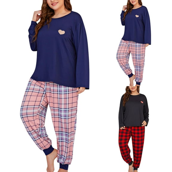 Chroia Women's Pajama Sets, Plus Size Grid Print Loungewear, Long Sleeve Ultra Soft Long Pants Two Set