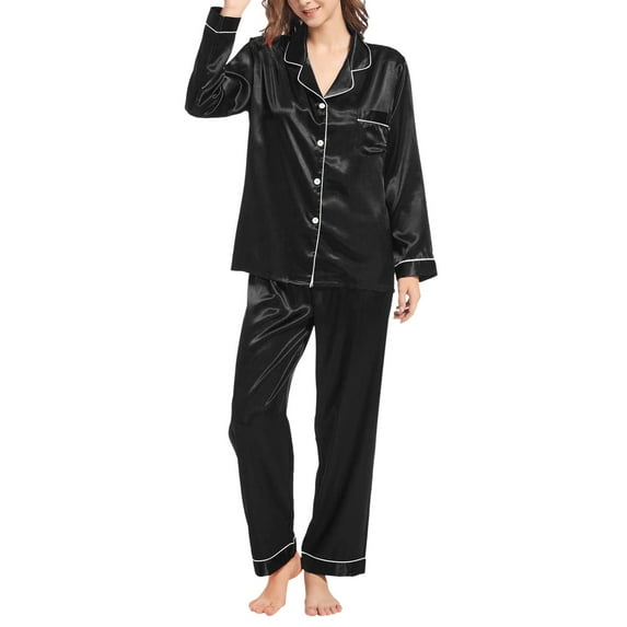 Chroia Women's Pocketed Pajama Set - Silk Satin Soft Long Sleeve Button-Down Loungewear