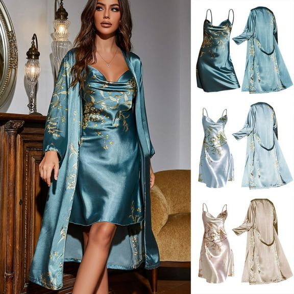 Chroia Women's Robe & Nightgown Set - Soft Satin Floral Kimono Bathrobe Cami Sleepwear