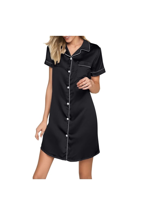Women's Satin Button Down Nightgown - Short Sleeve Boyfriend Sleep Shirt Pajama Dress