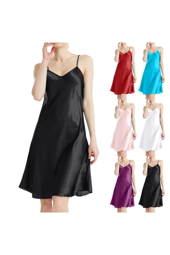 Women's Satin V Neck Nightgown - Silk-Like Adjustable Straps Lingerie Mini Slip