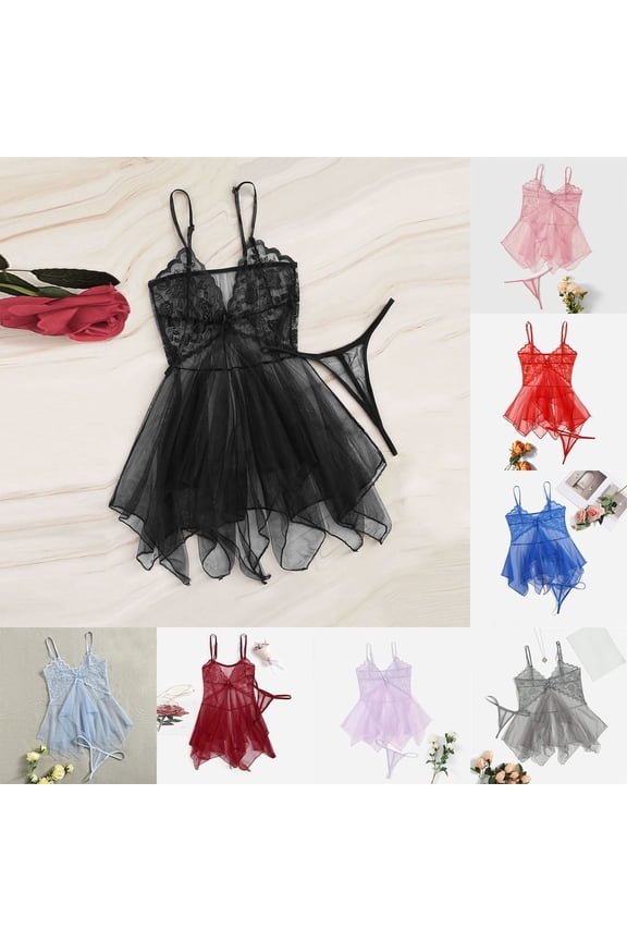 Women's Sheer Mesh Lace Suspender Pajama Dress Intimate Nightdress