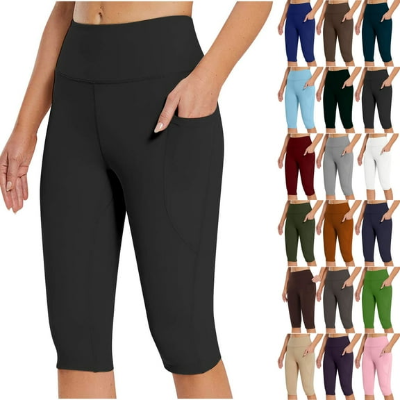 Chroia Women's Solid High Waisted Knee Length Stretch Capri Leggings with Pockets for Yoga Workout