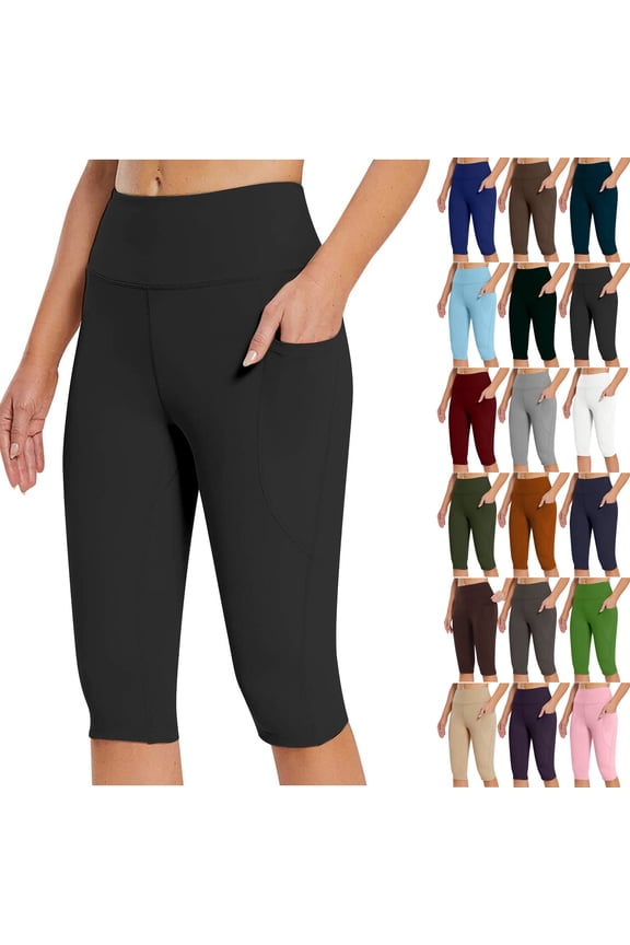 Women's Solid High Waisted Knee Length Stretch Capri Leggings with Pockets for Yoga Workout