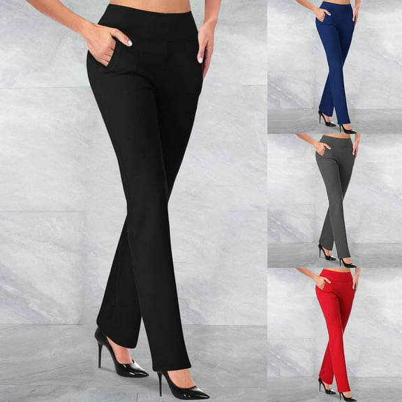 Chroia Women's Solid Knit Stretchy Straight Leg Tummy Control Office Pants