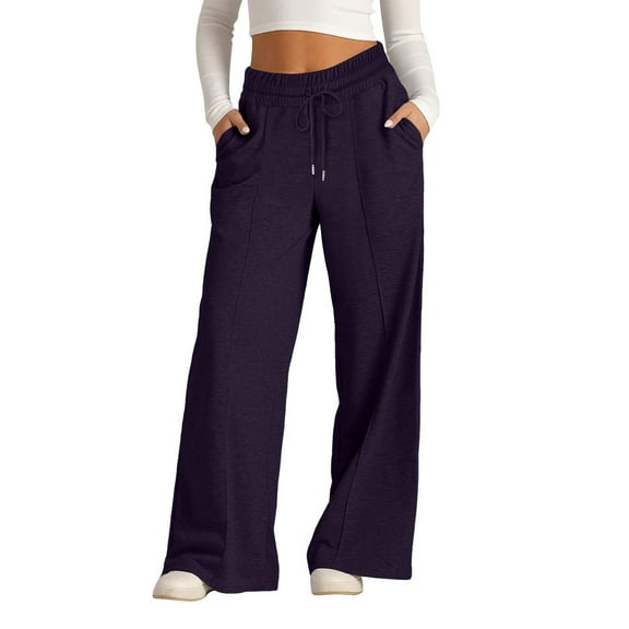 Chroia Women's Solid Wide Leg Elastic Drawstring Low Waist Baggy Lounge Sweatpants - Oversized Casual Straight Leg M-2XL