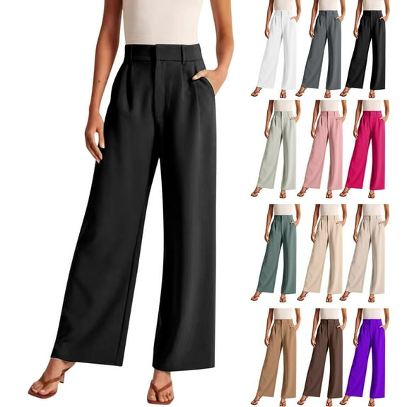 Chroia Women's Solid Wide Leg High Waisted Dressy Trousers - Business Casual Work Office Pants