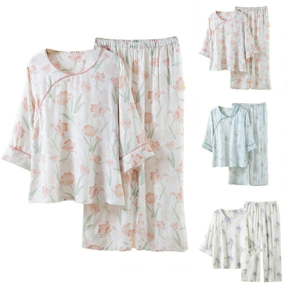 Chroia Women's Summer Cotton 2-Piece Pajama Set - Short Sleeve Top & Capri Pants, Loose Lounge Sleepwear with Pockets