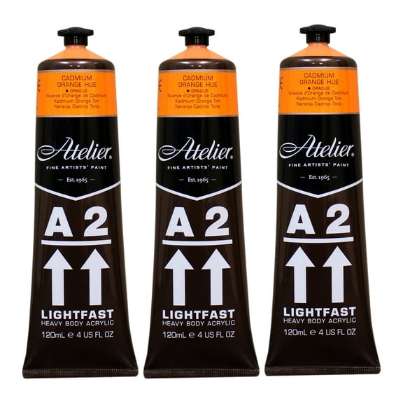 Atelier A2 Heavy Body Lightfast Artist Acrylic, 4 oz., Cadmium Orange Hue, Pack of 3