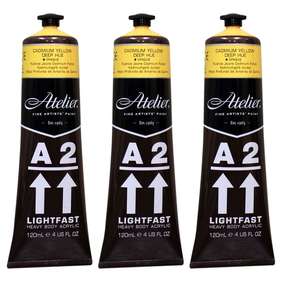 Atelier A2 Heavy Body Lightfast Artist Acrylic, 4 oz., Cadmium Yellow Deep Hue, Pack of 3