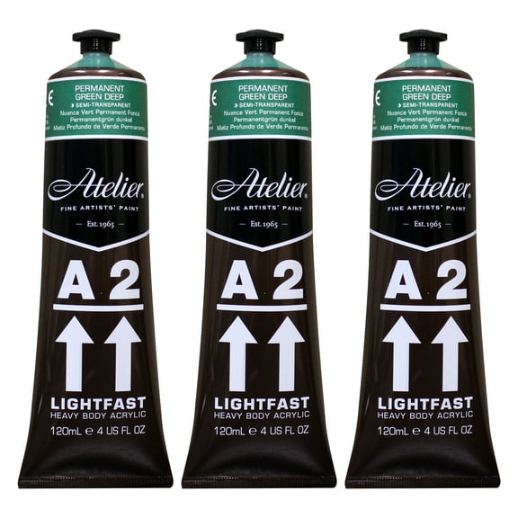 Atelier A2 Heavy Body Lightfast Artist Acrylic, 4 oz., Permanent Green Deep Hue, Pack of 3