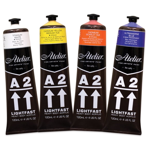 Chroma Atelier A2 Lightfast Heavy Body Acrylic Paints - Set of 4, Assorted Colors, 120 ml Tubes