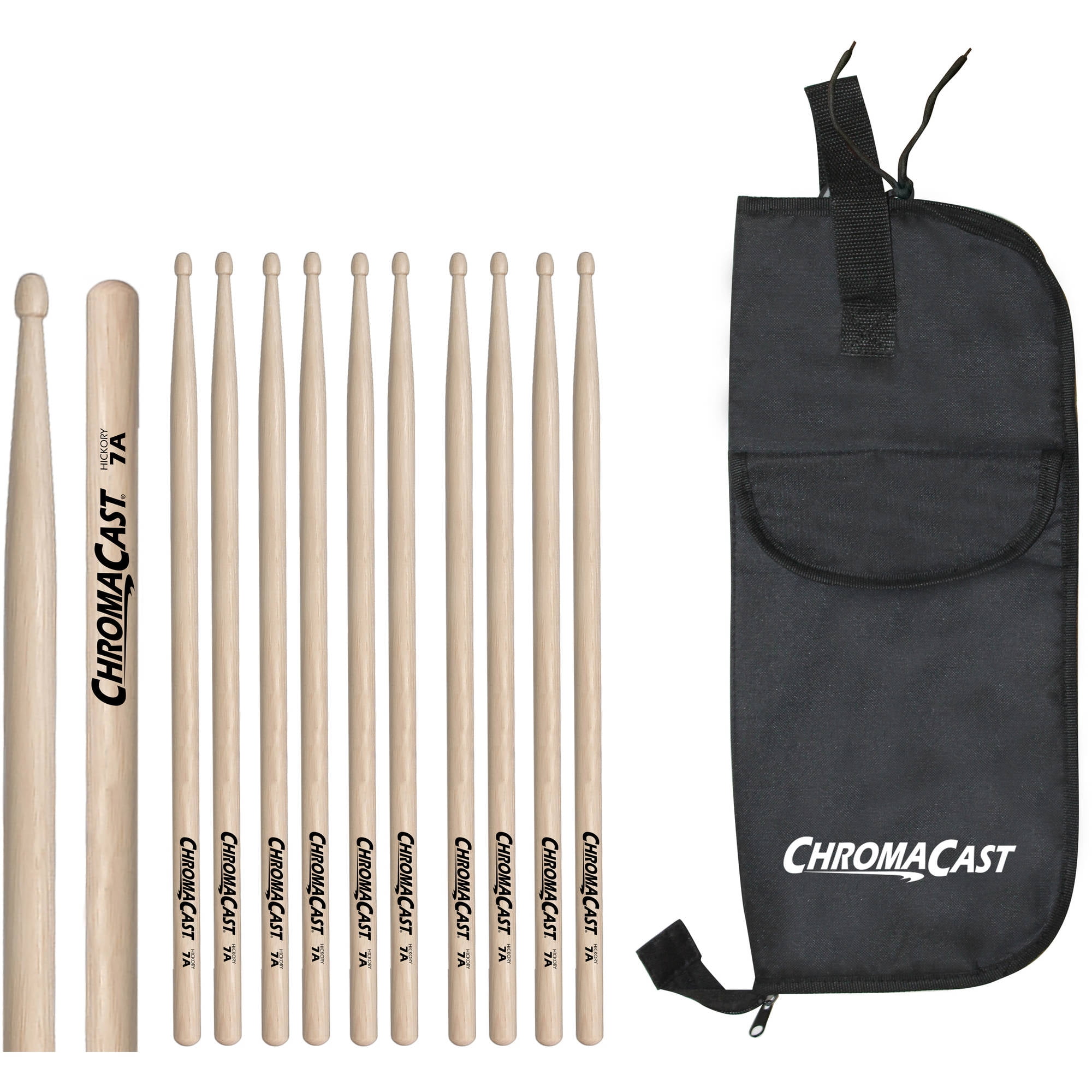 ChromaCast 7A Hickory Drumsticks, 6 Pairs with Drumstick Bag