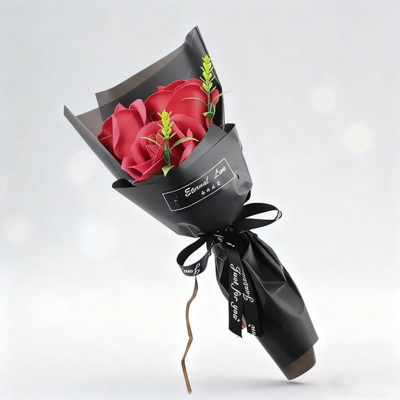 ChromaMuse 1Pcs 3 Heads Red Artificial Rose Bouquet,Red Roses Centerpieces for Tables,Soap Flower Petals Valentine Day Gifts for Women,Red