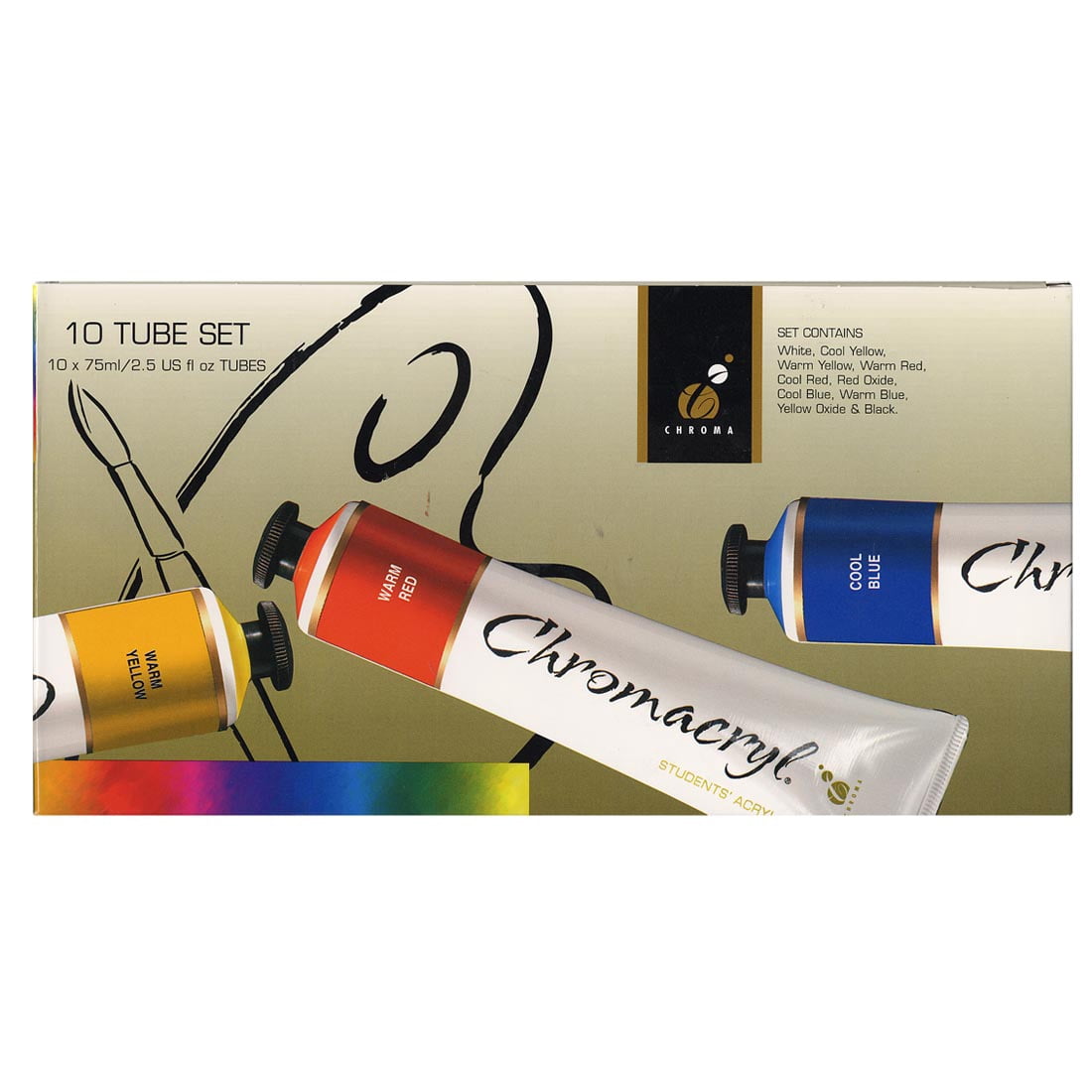 Chromacryl Students' Acrylic Paints - Set of 10, Assorted Colors, 2.5 oz