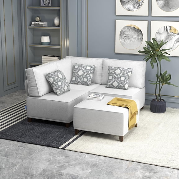 Chromcraft 4-Seat Modular Sleeper Sectional Chaise Sofa with Ottoman, Light Grey, 32" Extra Deep Seat