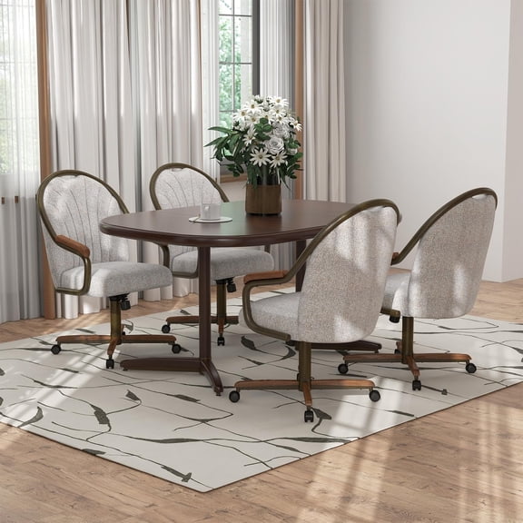 Chromcraft 5-Piece Dining Room Set, Expandable Table with 4 Swivel-Tilt Caster Chairs, Walnut Wood & Textured Bronze Metal Accents