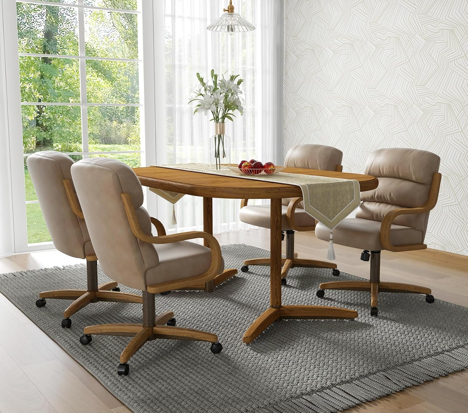 Chromcraft 5-Piece Dining Table Set for 4, Expandable Dining Table with 4 Swivel-Tilt Caster Dining Chairs, Casual Kitchen & Dining Room Furniture (Ivanhoe NPL Nude)