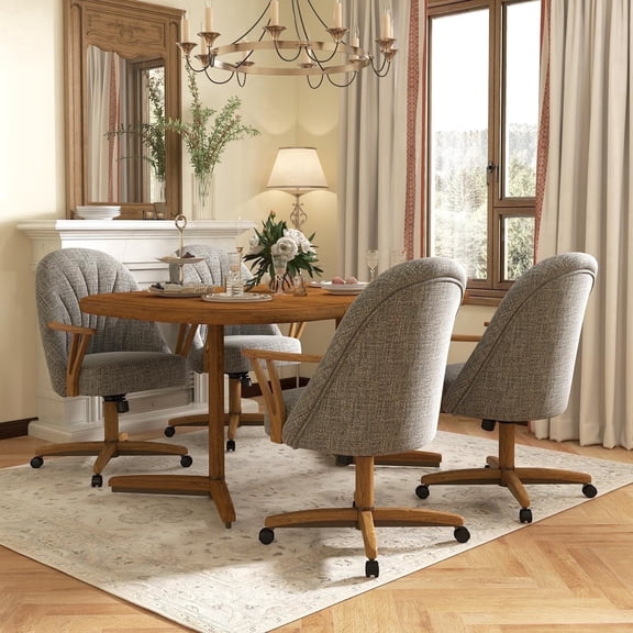 Chromcraft 5-Piece Dining Room Set, Expandable Table with 4 Swivel-Tilt Caster Chairs, Chestnut Wood & Fonzo Marble Upholstery