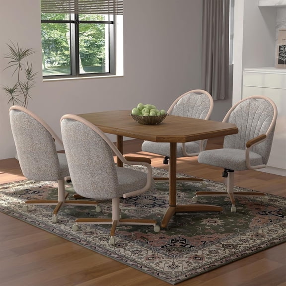 Chromcraft 5-Piece Dining Room Set, Expandable Table with 4 Swivel-Tilt Caster Chairs, Chestnut Wood & 31 Upholstery