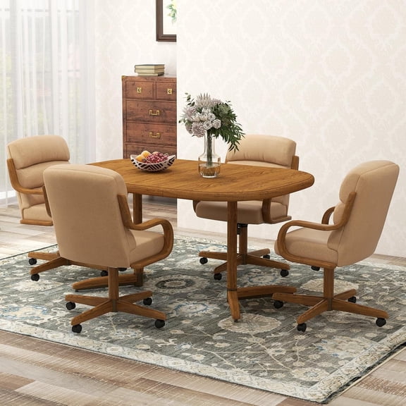 Chromcraft 5-Piece Dining Table Set for 4, Expandable Table with 4 Swivel-Tilt Fabric Caster Chairs for Kitchen & Dining Room (Chestnut-Beige)