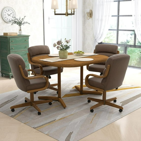 Chromcraft 5-Piece Dining Table Set for 4, Expandable Table with 4 Swivel-Tilt Fabric Caster Chairs for Kitchen & Dining Room (Chestnut-Mocha)