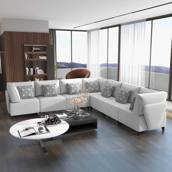 Chromcraft Extra Large 7-Seat L-Shaped Modular Sleeper Sectional Sofa with Ottoman, Light Grey, 32" Extra Deep Seat