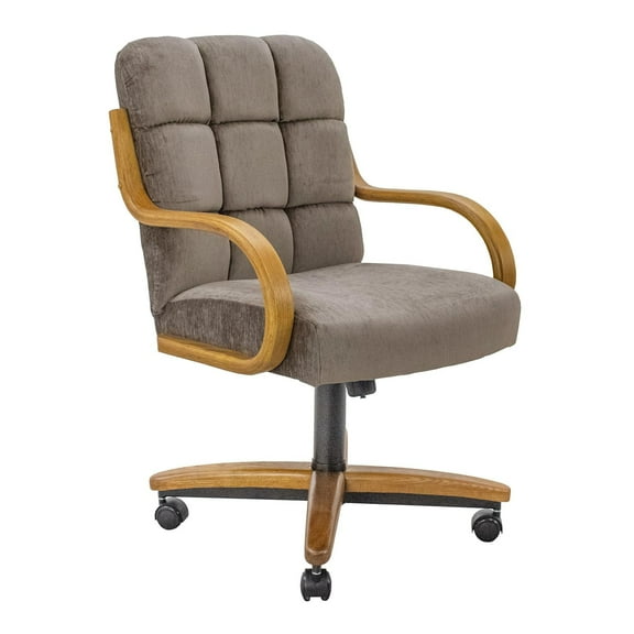 Chromcraft Swivel-Tilt Dining Chairs on Casters, Chestnut Solid Wood Accents, Textured Bronze Pedestal Base, Esmeralda TK Cocoa Upholstery