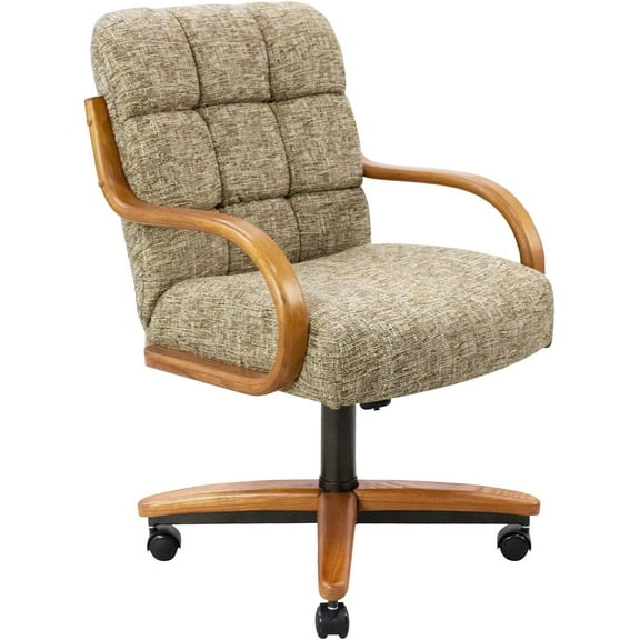 Chromcraft Dining Chair on Casters, Ultra Comfort Swivel Tilt Rolling Chairs, Chestnut Wood Arms, Bronze Metal Base, Noriko Earth Upholstery, set of 1