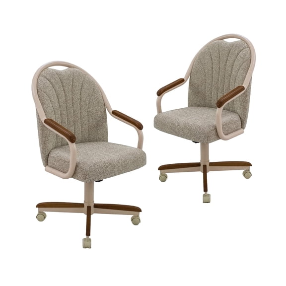 Chromcraft Douglas Dining Chairs on Wheels – Comfortable Swivel Cushioned Seats in Light Sand Metal and Walnut Wood, 2 piece set